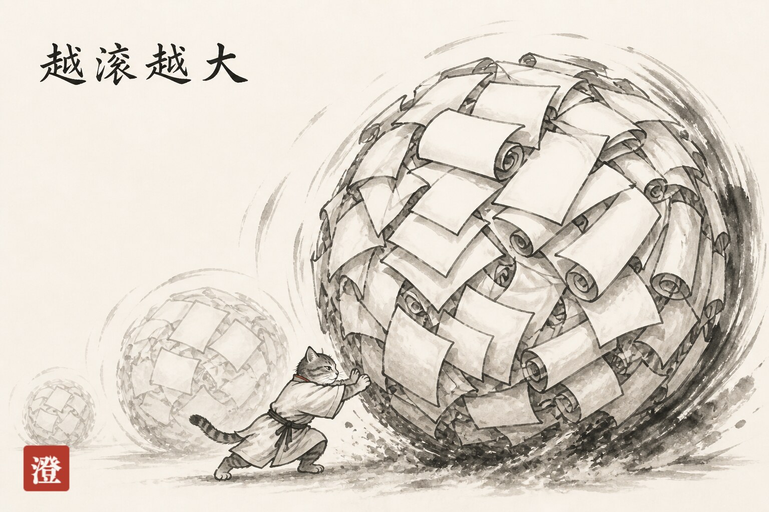 越滚越大——每一轮都把之前的全部重新裹进来，像一个纸卷雪球，阿澄推着它越滚越沉。